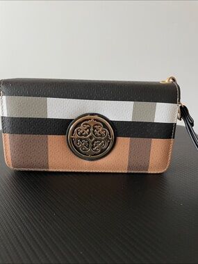 Deluxity Striped Multi-Color Wristlet Clutch with Gold Medallion